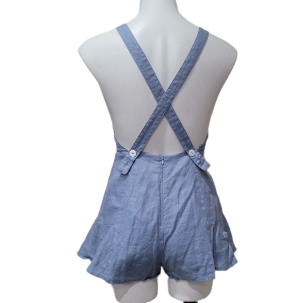 Chambray Ruffle Hem Cross-Back Linen Romper Short Shorts Effortless Fashion - Picture 2 of 11